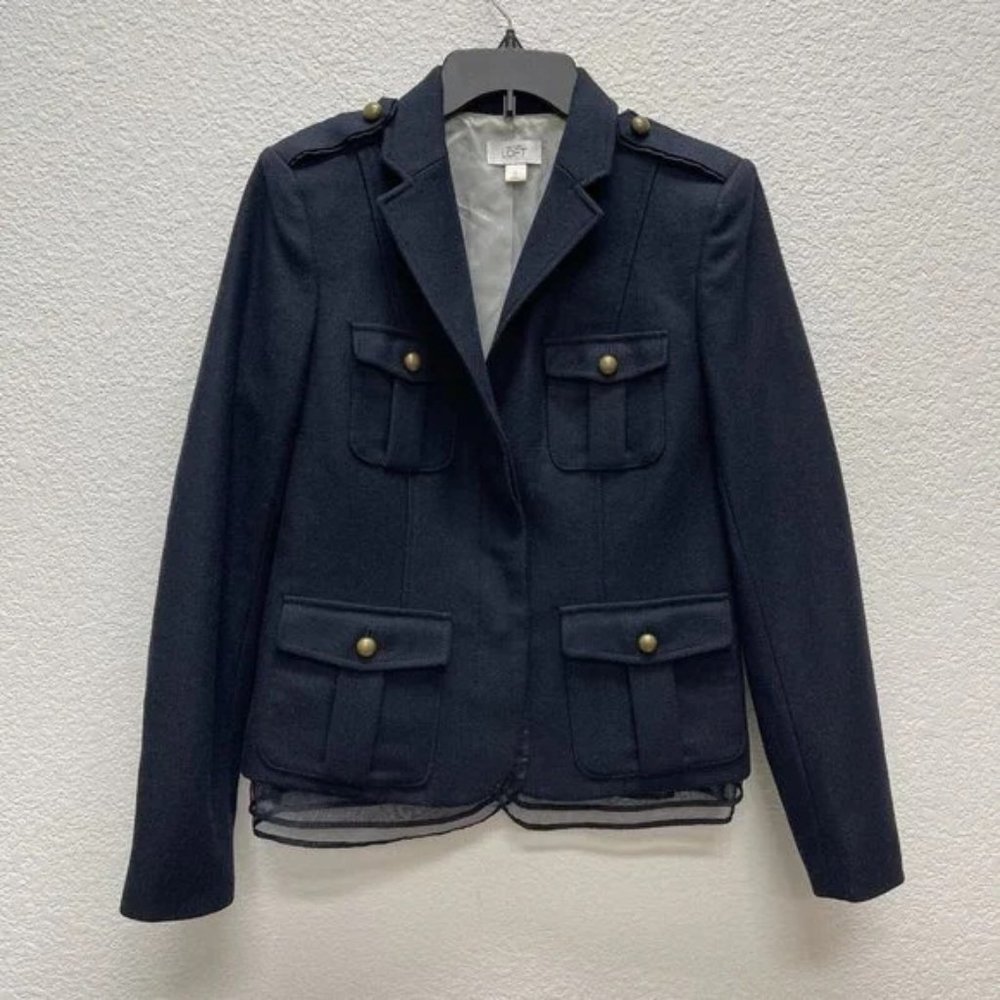 Ann Taylor Loft Size 10 Navy Blue Mesh Trim Jacket Blazer Wool Blend